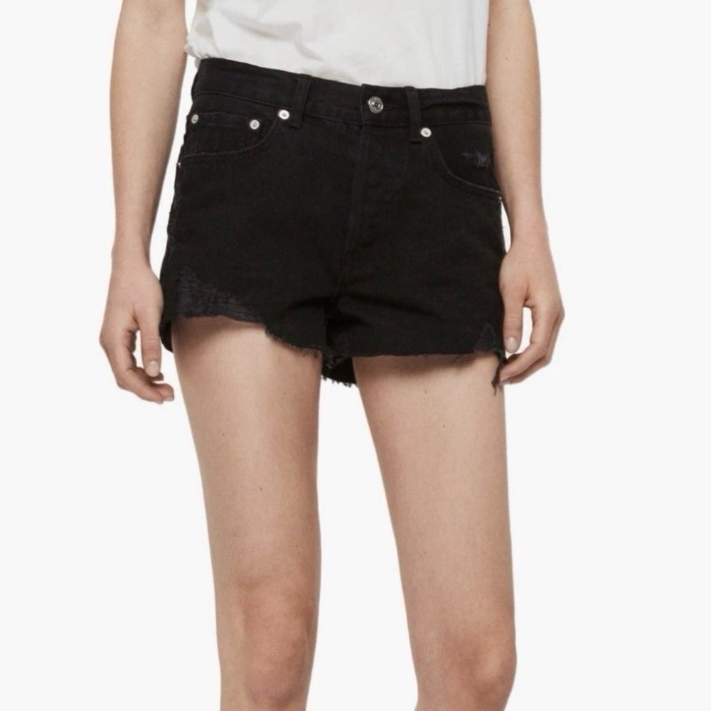ALLSAINTS Women's Size 26 Mai Destroyed Denim Jean Shorts Black Button Fly Raw